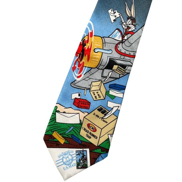 Looney Tunes Neck Tie Bugs Bunny Airplane USPS Stamp Collection Vintage 90's - Picture 1 of 14